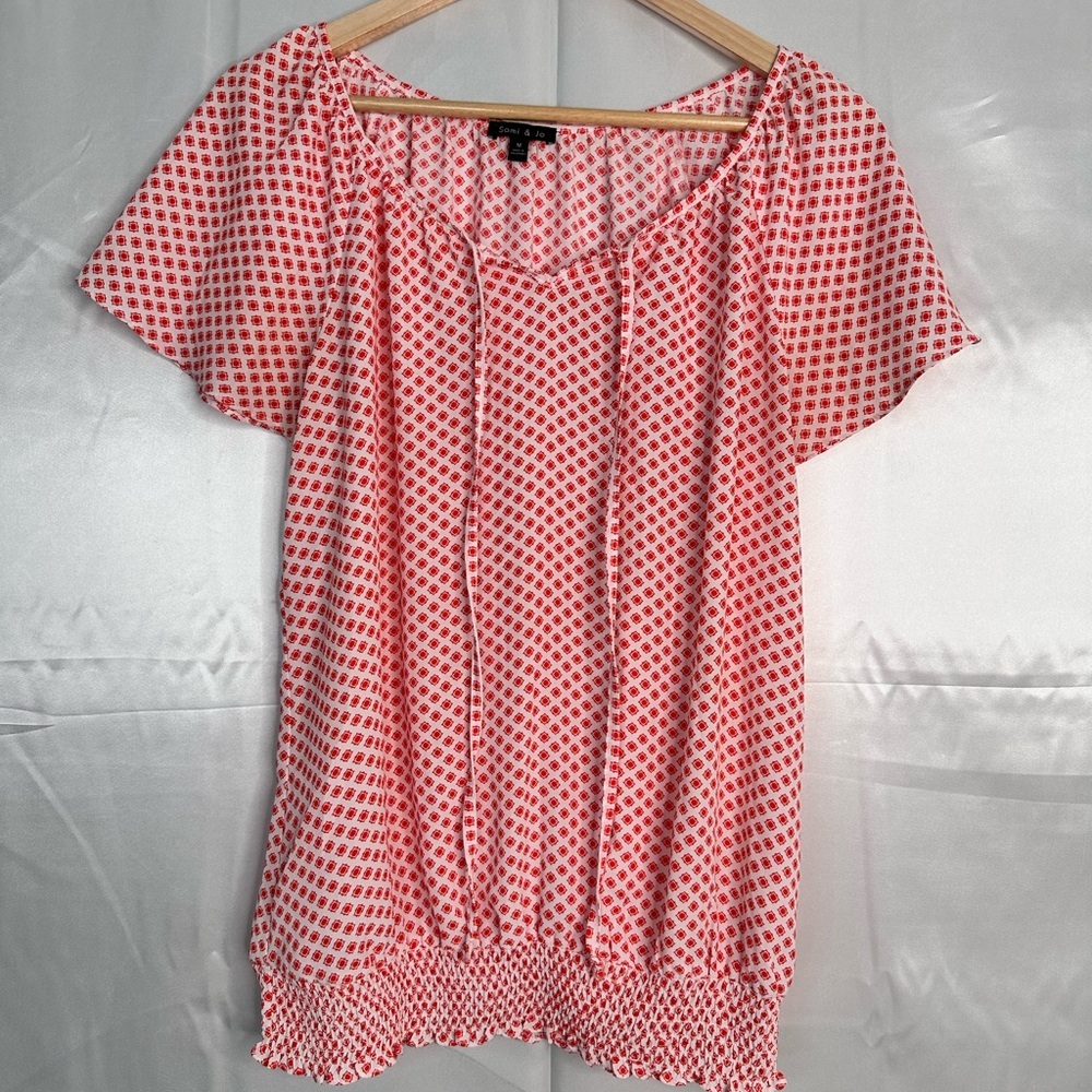 Sami‎ & Jo Blouse Women Orange and White tie closure peasant top size Medium.